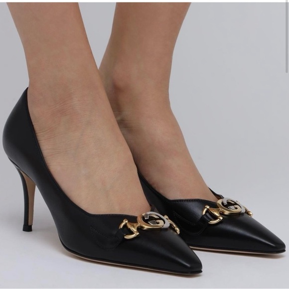 GUCCI GG Malaga Kid Zumi Logo Leather Pump Heel EU 39 US 9 Interlocking - Picture 2 of 12